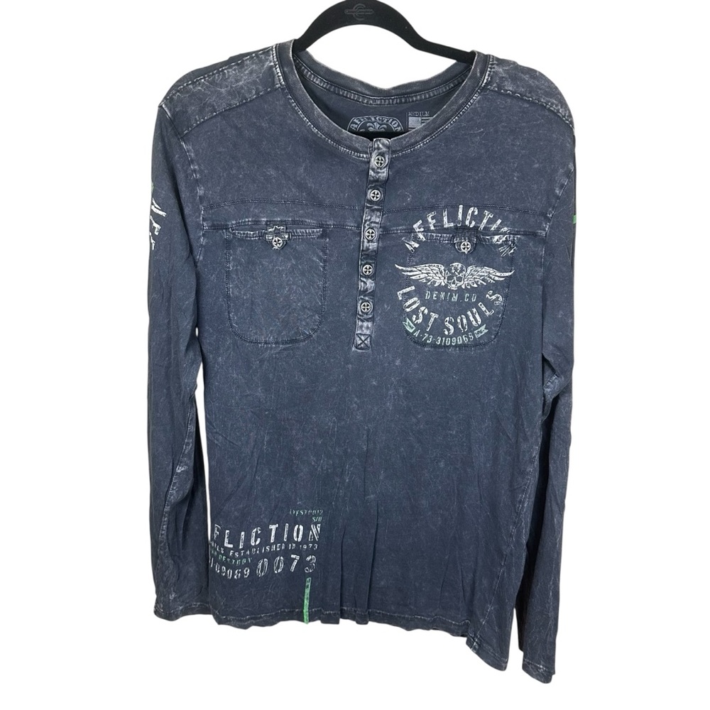Affliction Skull Wing Graphic Henley Shirt Biker Grunge‎ Y2K Acid Wash Medium